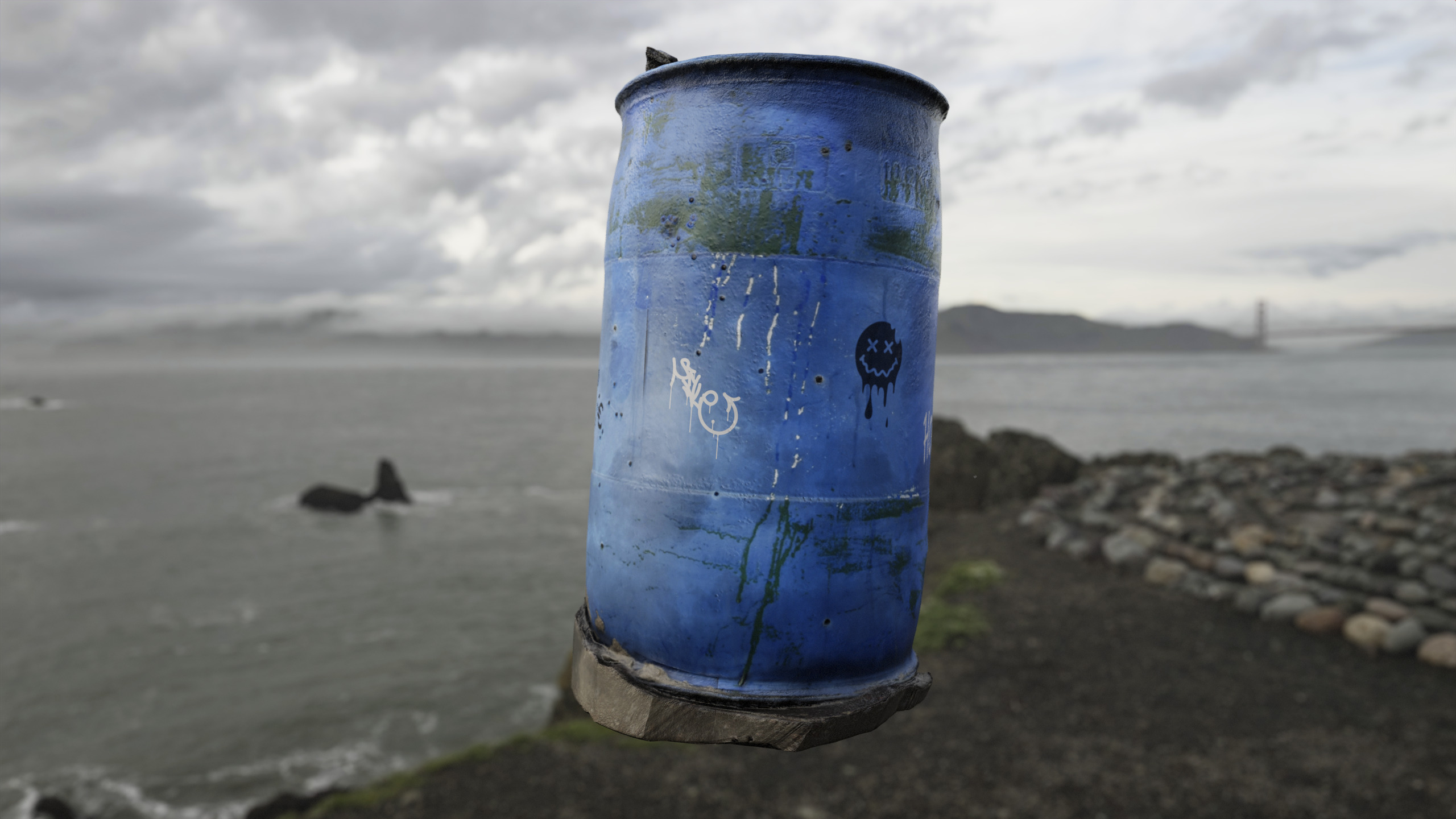 3D asset of a blue wastebin.