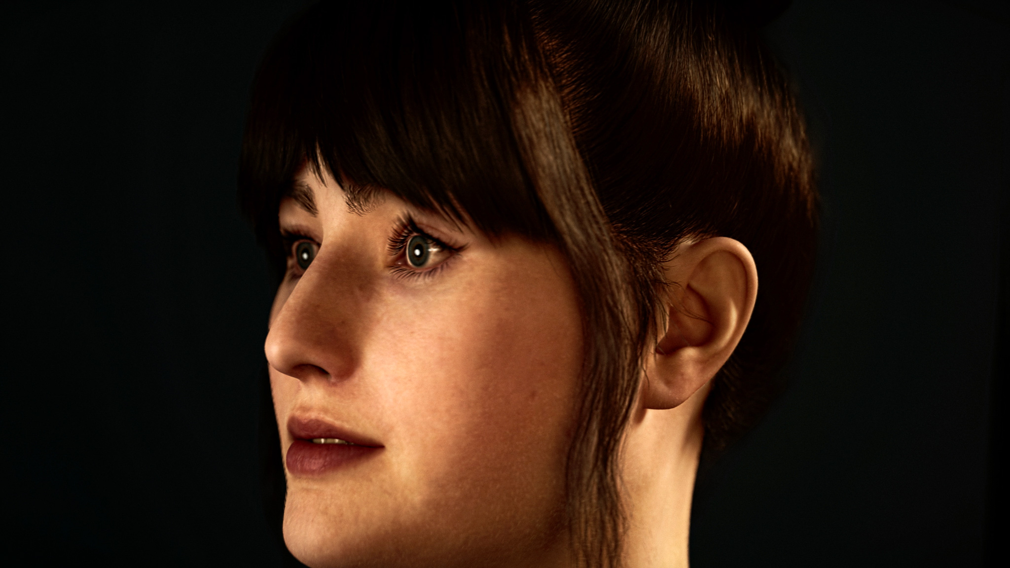 Side profile of Bernice, a MetaHuman character created with Unreal Engine and powered by AI voice from Parler TTS and NVIDIA ACE technology.