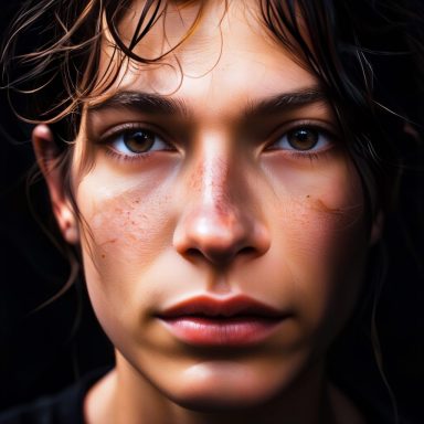 A close-up of a person with wet hair, showing natural freckles and slightly flushed cheeks. The face has a raw, authentic look with visible skin texture, emphasizing a rugged, fresh-out-of-the-elements appearance.