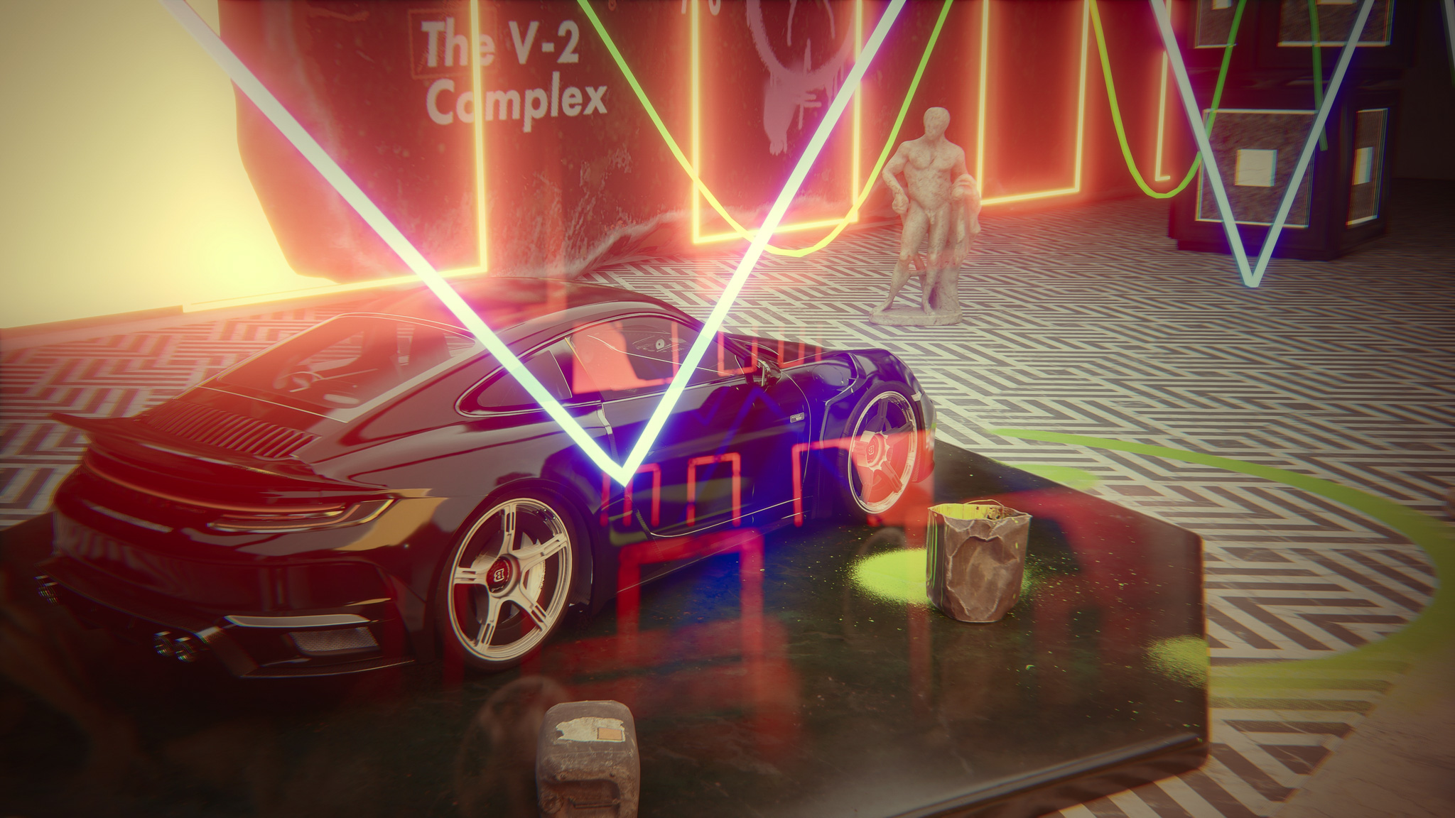 Black sports car in a dark room with red neon lighting, geometric floor patterns, and atmospheric effects. A drink glass and decorative elements complete the moody cyberpunk scene.