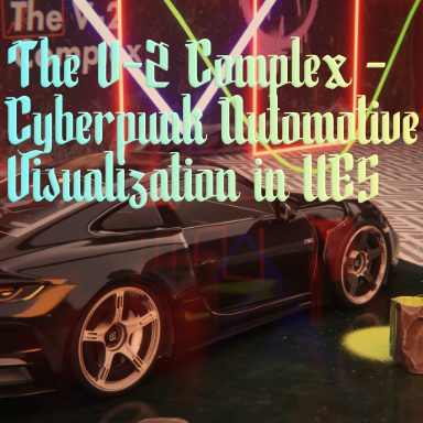 Sports car bathed in red neon lighting with cyberpunk aesthetic and geometric patterns