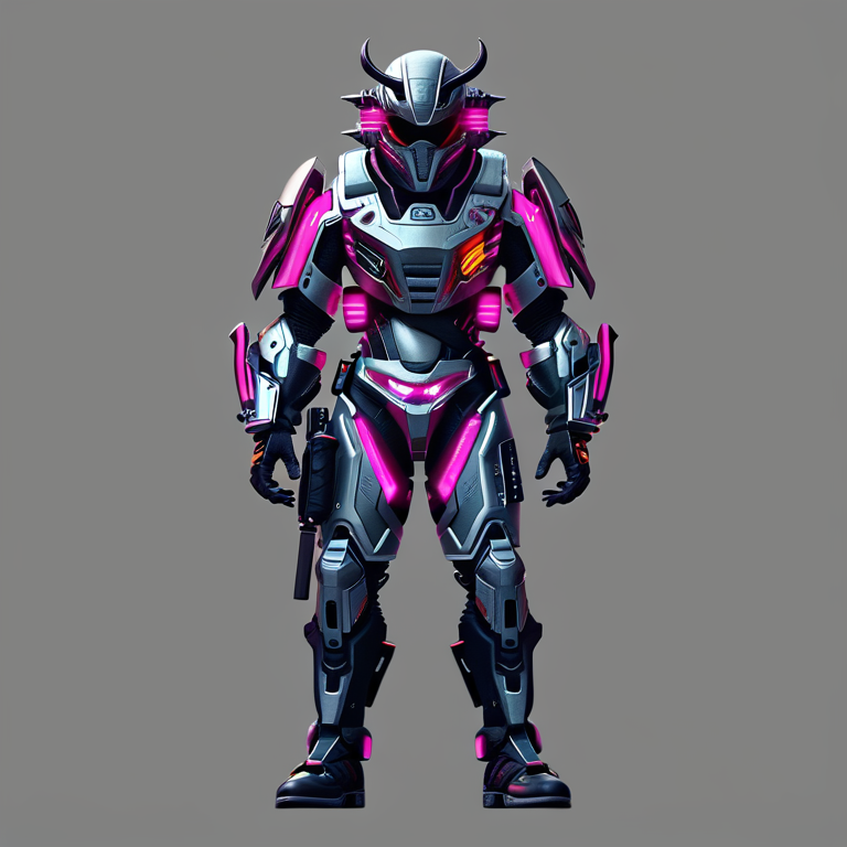 A 3D render of a sleek futuristic armored suit standing in a neutral pose against a gray background. The armor features a black base with glowing pink and cyan accents, angular plating, and a streamlined helmet design with distinct shoulder and chest plates