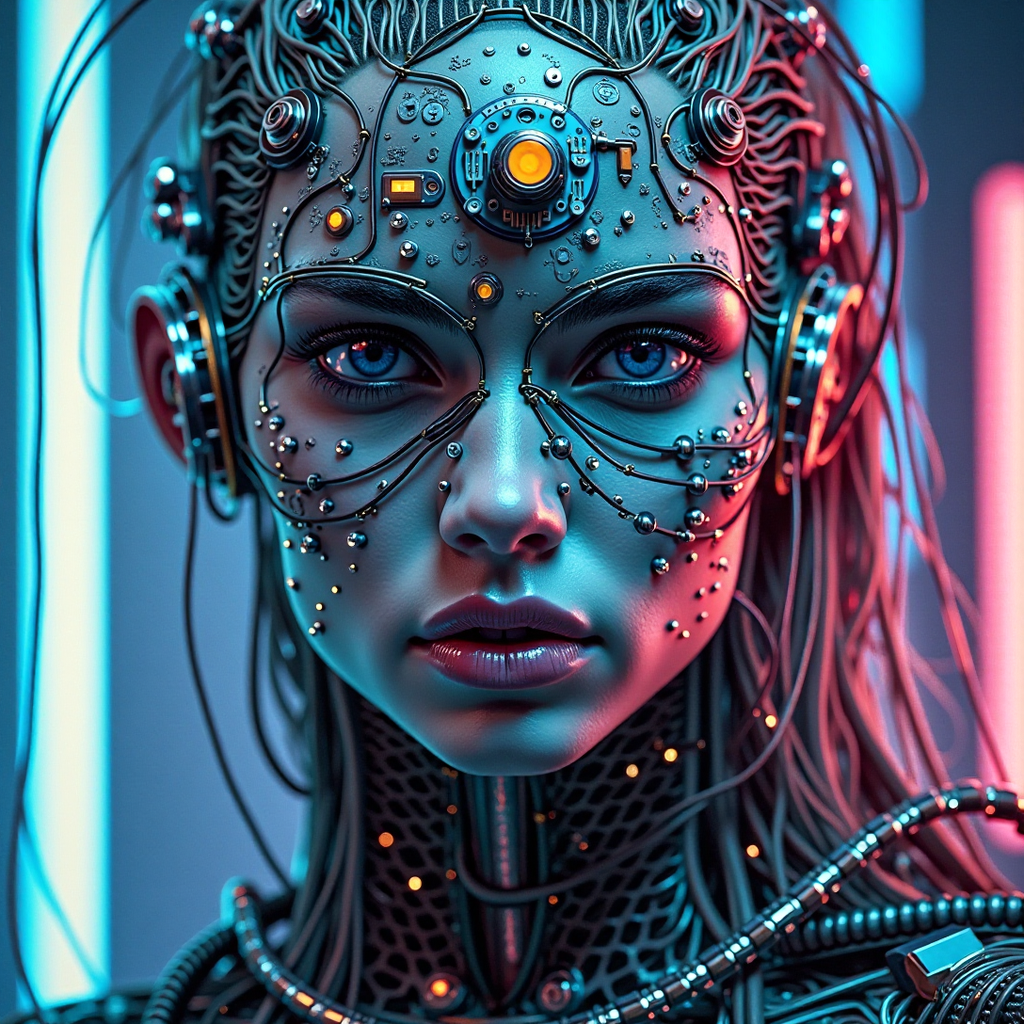 Futuristic cybernetic female portrait with neon blue accents and intricate facial augmentations