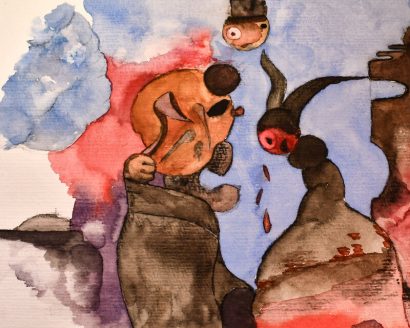 Abstract watercolor painting depicting a surreal winter scene with a butterfly-like figure emerging from dark rocks against a red and blue sky background